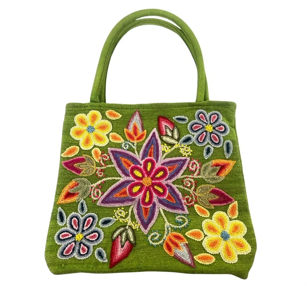 handmade Peruvian floral embroidered woven wool tote lime greenb 13x14 - Picture 2 of 12